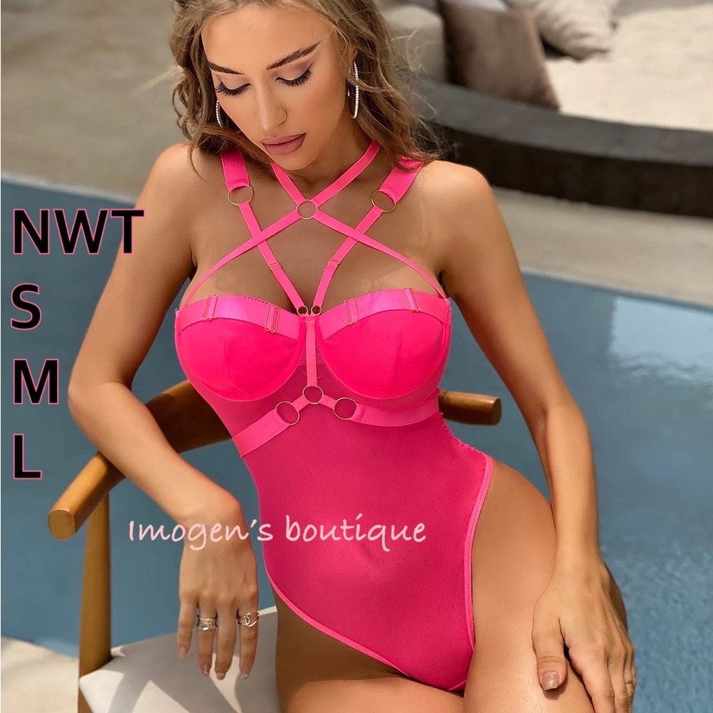 𝗡𝗪𝗧 pink body chain sexy bodysuit mesh silk y hoop bondage hot neon SML lingerie